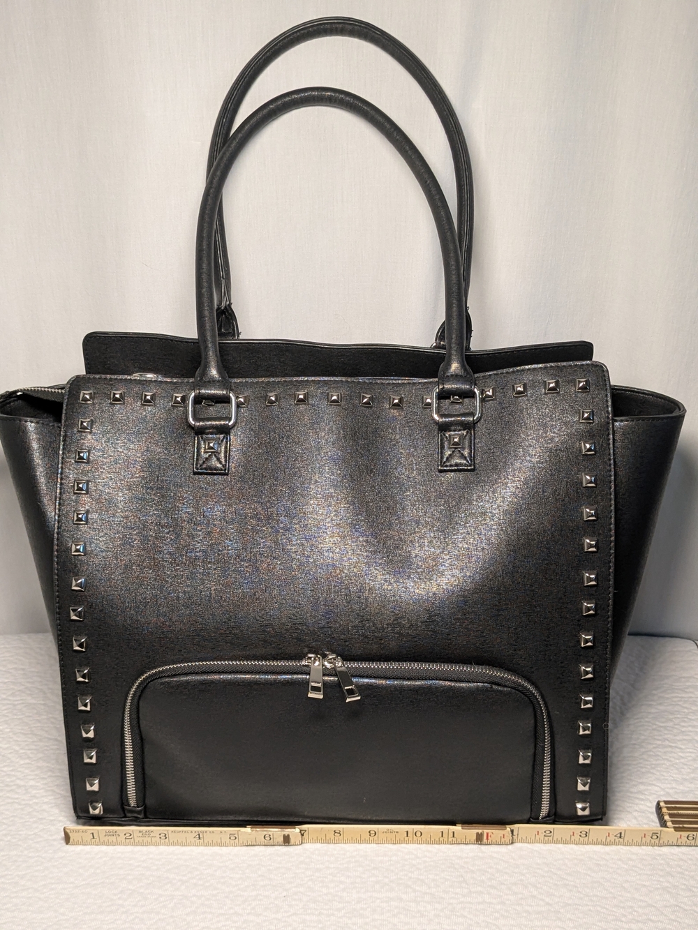 Fit Style Black Stud-Trim Tote Bag with Insulated Lunch Compartment Large